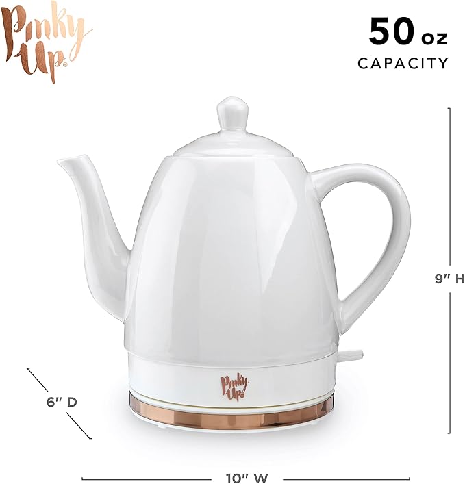 Pink Up Noelle Electric Tea Kettle, Gooseneck Kettle, Hot Water Dispenser, Pour Over Coffee, Automatic shut off, Cordless, Electric Teapot, 1.5L, Ceramic, Grey