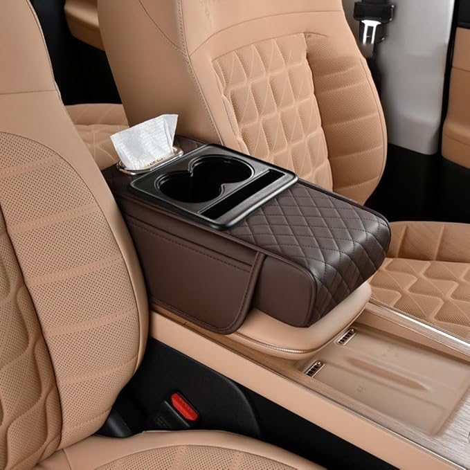 Car Center Console Armrest Pad for Nissan Kicks 2018–2025 2026 P16,Pu Leather Heightening Cushion with Cup Holder and Tissue Box,Multifunctional Organizer Accessories,Brown
