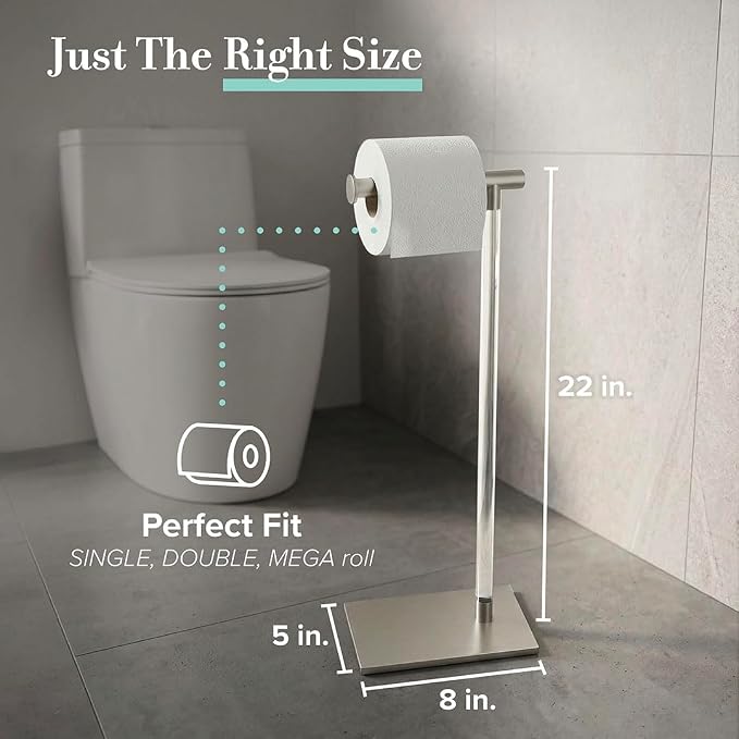 Gatco 1331SN Toilet Paper Holder Stand, Satin Nickel, Acrylic Post, Weighted Base, Freestanding Bathroom Floor Stand, 22.25 Inch