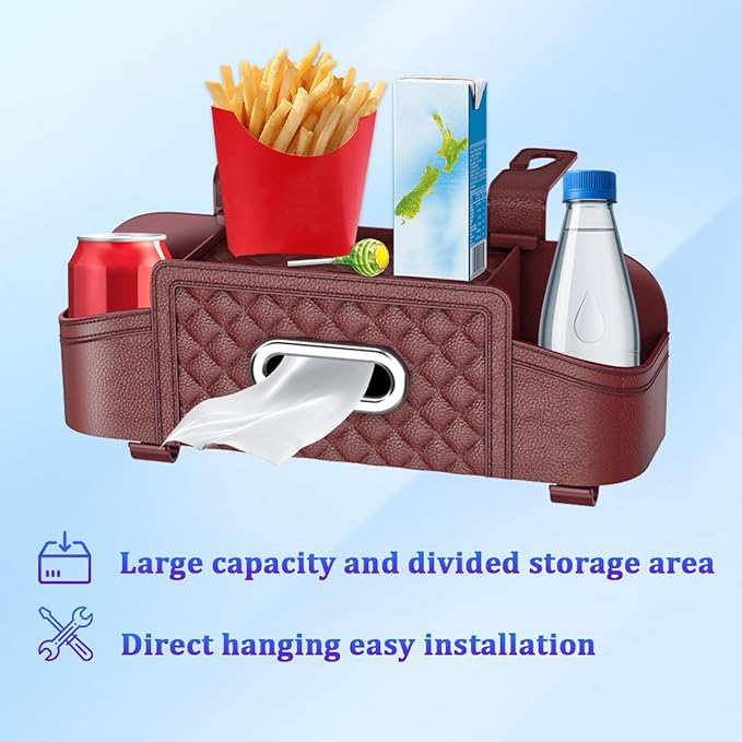 Car Headrest Backseat Organizer, Multifunctional Vehicle Seat Back Hanging Storage Box with Cup Holder and Hooks, Automotive Interior Headrest Storage Organizer, Universal Fit (Wine Red)