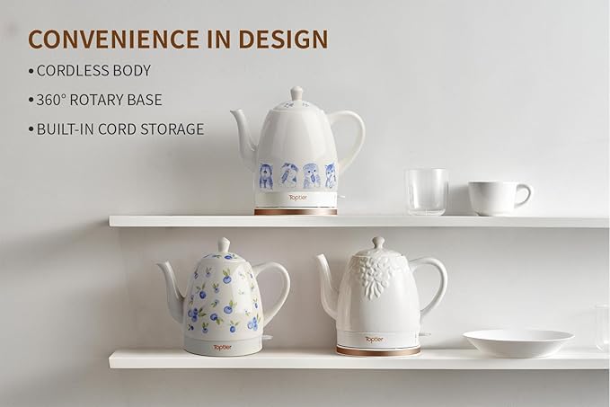 Toptier Electric Ceramic Tea Kettle, Boil Water Quickly and Easily, Detachable Swivel Base & Boil Dry Protection, Carefree Auto Shut Off, 1.5 L, Greedy Cat