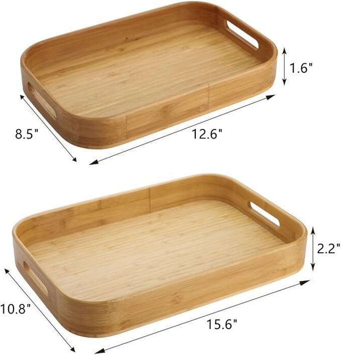 Dicunoy Set of 2 Bamboo Serving Tray, Solid Wood Breakfast Tray with Handles and Arc Angles, Large Size for Food, Dinner, Tea, Coffee, Bar, Parties, 15.6" L x 10.8" W /12.6" L x 8.5" W