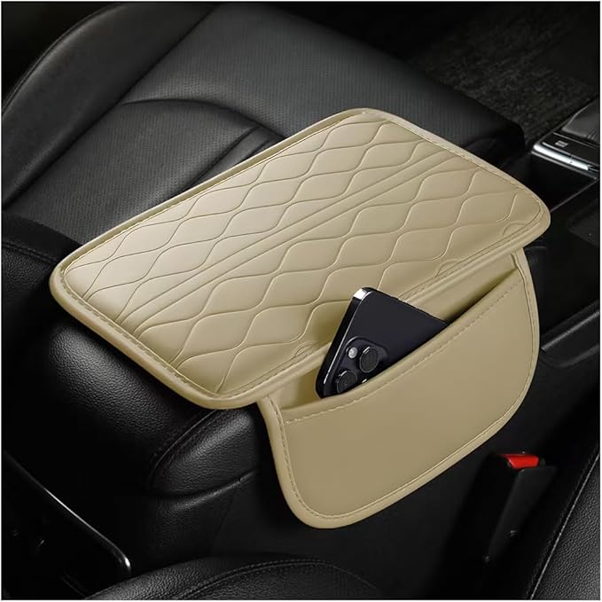 HZEL Car Center Console Cover, Scratch & Wear Resistant Soft Leather Vehicle Armrest Seat Box Cushion Pad with 2 Storage Bag, Waterproof Automotive Interior Protector, Universal Fit (Beige)