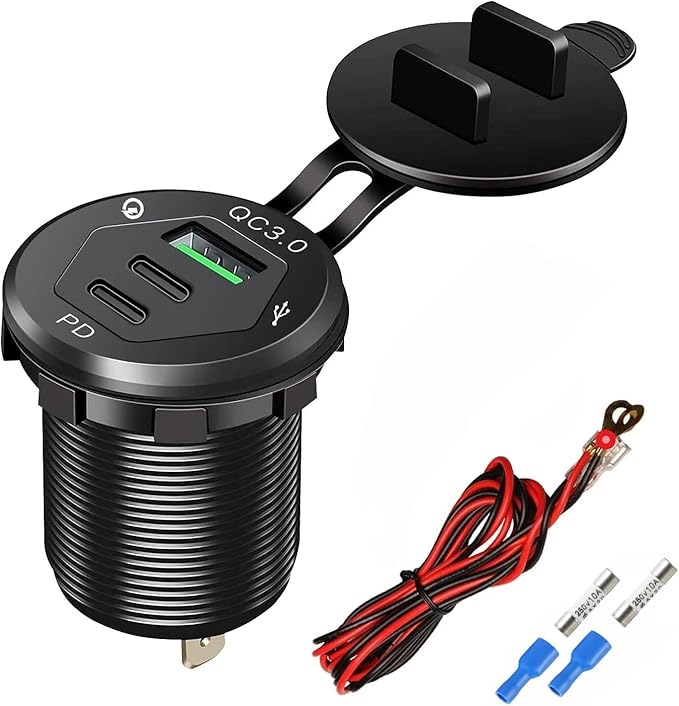 12V USB Outlet Wire USB Charger Multi Port, Dual PD3.0 USB-C and Quick Charge3.0 Car Port Socket IP66 Waterproof, Fast Charge for Phone lPad Android Phones, Suitable for Car Boat RV Marine ATV