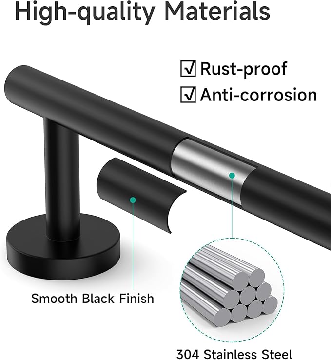 USHOWER Matte Black Towel Bar, 24-Inch Towel Rack for Bathroom Wall Mounted, Thicken SUS304 Stainless Steel Towel Rod Modern Home Decor (Total Length 26-Inch) (Pack of 2)