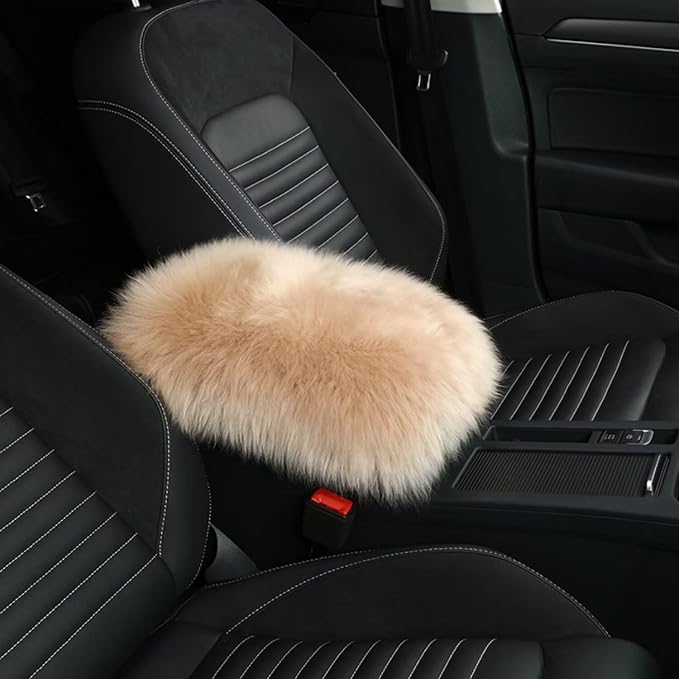 Wool Car Center Console Cover,Universal Fluffy Sheepskin Car Armrest Pad,Car Interior Accessory for Women Men,Armrest Cover Protector for Cars,Vehicles,SUV Camel