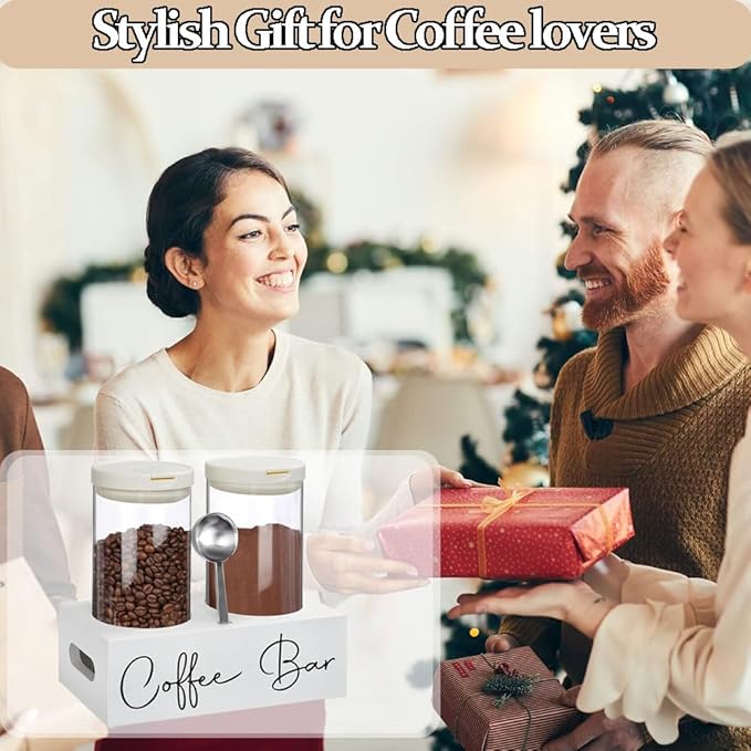 Glass Coffee Containers with Shelf & Scoop, 2 Pcs 48OZ Coffee Storage Jars with Airtight Lid for Coffee Beans, Coffee Powder, Nuts, Snack, Sugar, Tea,White