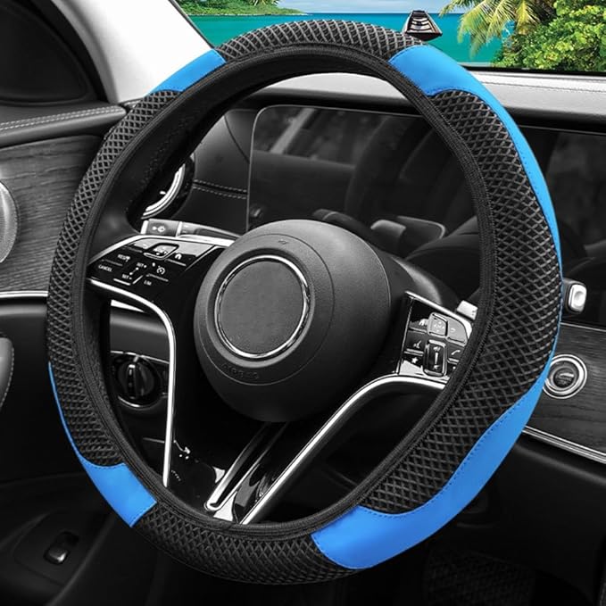 Elastic Stretch Steering Wheel Cover, Warm in Winter and Cool in Summer, Universal 15 inch Microfiber Breathable Ice Silk Anti Slip Car Interior Accessories, Odorless, (Black Blue)