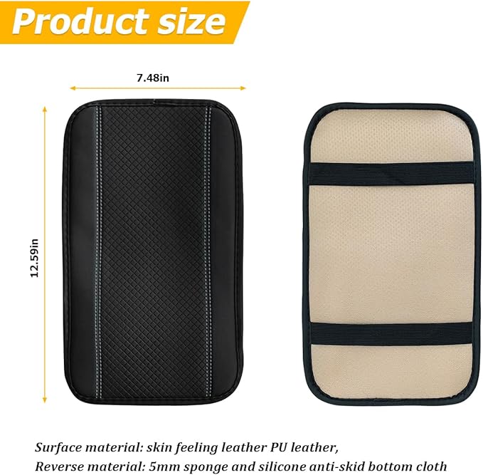 Car Armrest Seat Box Cover, Comfortable Leather Automotive Center Console Cushion Pad, Soft Waterproof Vehicle Arm Rest Protector Mat Accessories, Universal for RV, SUV, Truck (Black/Gray)