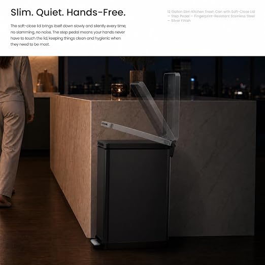 Home Zone Living 12 Gallon Slim Kitchen Trash Can with Soft Close Lid, Step Pedal, Bag Tuck Band, and Removable Liner, Stainless Steel, Black
