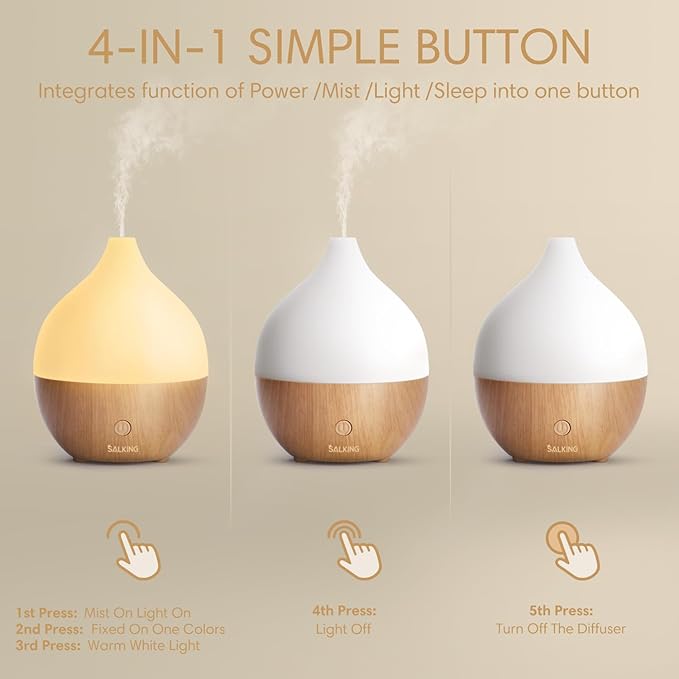 SALKING Essential Oil Diffuser with Luxury Hotel Fragrance Oil Set, 100ml Small Ultrasonic Aromatherapy Diffuser, Auto Shut-Off, Warm White Light, Cool Mist Humidifier for Home & Office