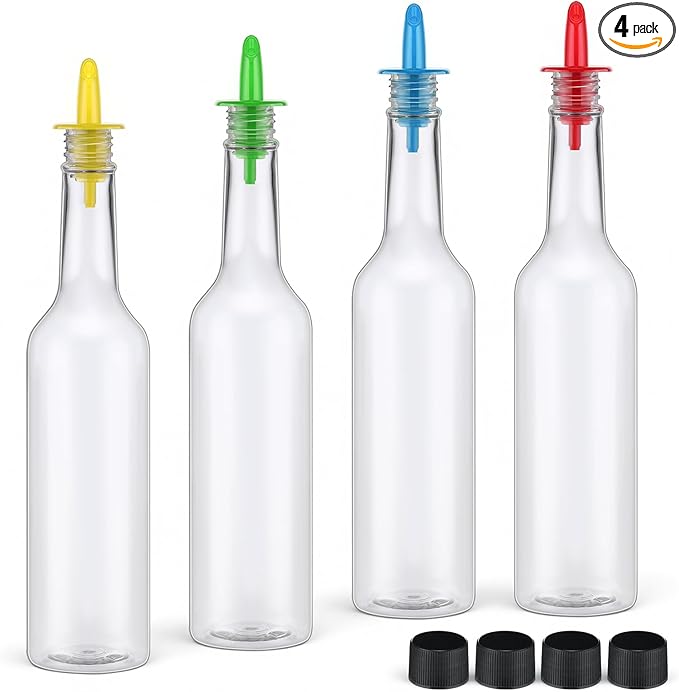 Tioncy 4 Sets 15oz Plastic Liquor Bottles with Pourers Sets 4 Plastic Long Neck Syrup Bottles with Pourer and Caps Reusable Leakproof for Home Party Bar(Red, yellow, blue, green)