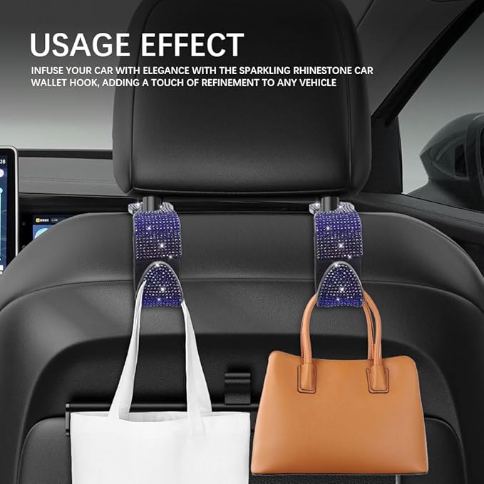 2PCS Car Seat Hooks, Purse Hook for Car, Crystal Rhinestone Vehicle Backseat Purse Holder, Auto Accessories Diamond Auto Seatback Storage Organizer Hanger for Handbag Clothes Purse (Blue)