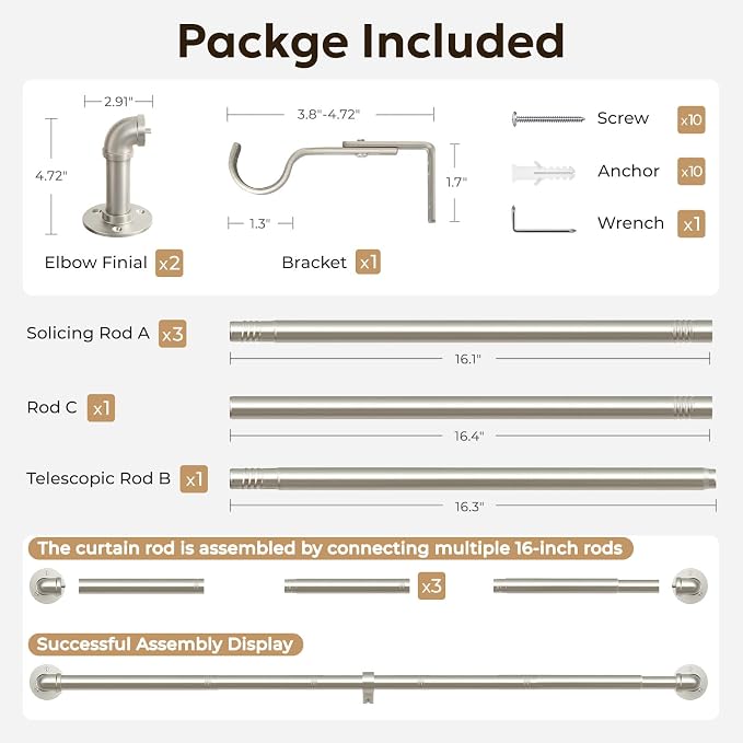 Zeerobee Curtain Rods for Windows 48 to 84, 1 Inch Industrial Wrap Around Brushed Nickel Curtain Rod, Indoor/Outdoor Room Divider Adjustable Drapery Pole, 48"-86"