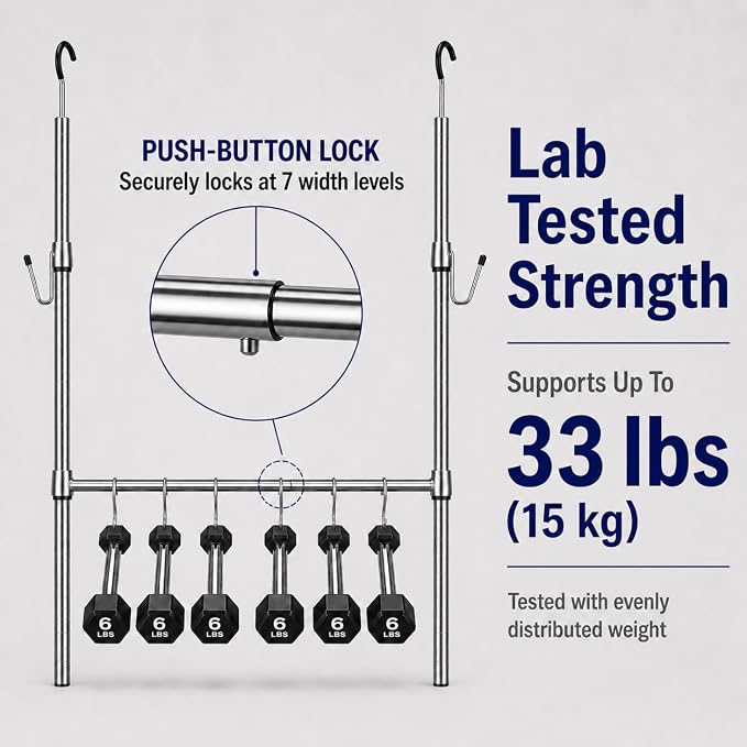Adjustable Closet Rod Extender with Hooks, Expandable Double Hanging Organizer for Closets, Kids' Wardrobe & Laundry Room, No Tool Assembly, Metal Tension Pole, Chrome Finish