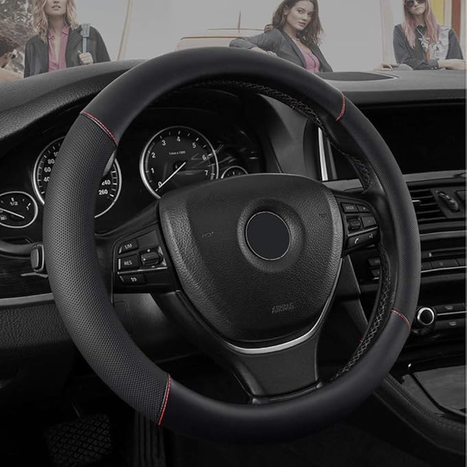 Universal Leather Car Steering Wheel Cover Colorful Steering Wheel Cover Cute Women 15 Inch Steering Wheel Protector (Black)