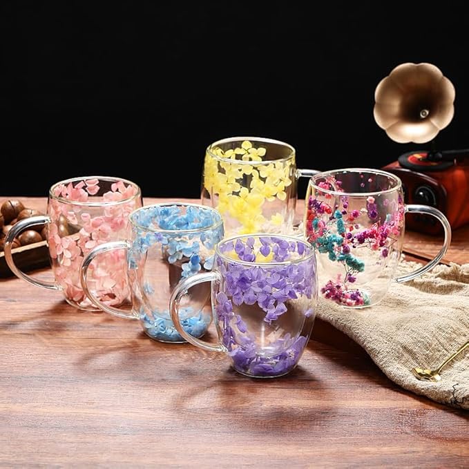 Double Wall Glass Coffee Mugs, 12 oz Clear Floral Insulated Glass Cups with Handle, Hand Blown Borosilicate Coffee Mug for Espresso, Cappuccino, Latte, Tea & Hot Beverages (Blue)