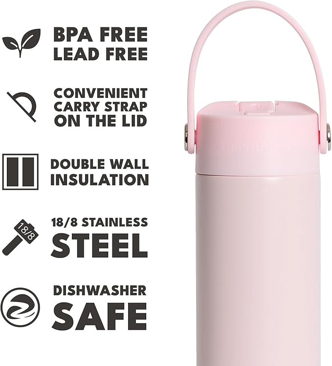 Elemental 24oz Insulated Water Bottle with Straw - 100% Leak-Proof Stainless Steel Core Water Bottles for Travel, Sports and Gym - Double Wall Insulation & BPA Free - Blush Pink
