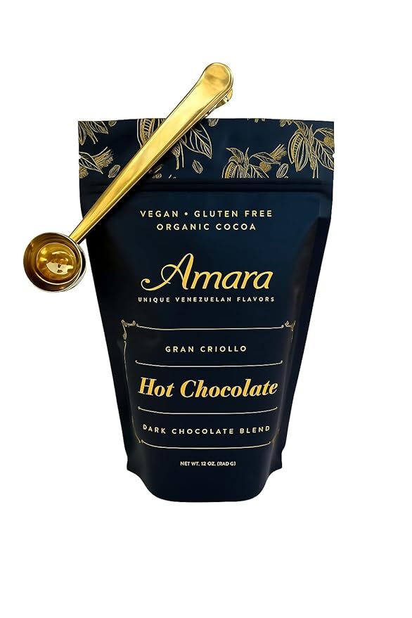 Amara Unique Venezuelan Flavors. Hot Chocolate "Gran Criollo" Dark Chocolate Blend 12 oz Bag with Golden Measuring Scoop & Clip Multi Fuction.