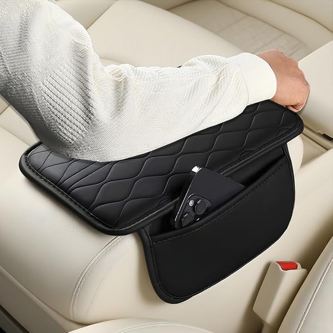 HZEL Car Center Console Cover, Scratch & Wear Resistant Soft Leather Vehicle Armrest Seat Box Cushion Pad with 2 Storage Bag, Waterproof Automotive Interior Protector, Universal Fit (Black)