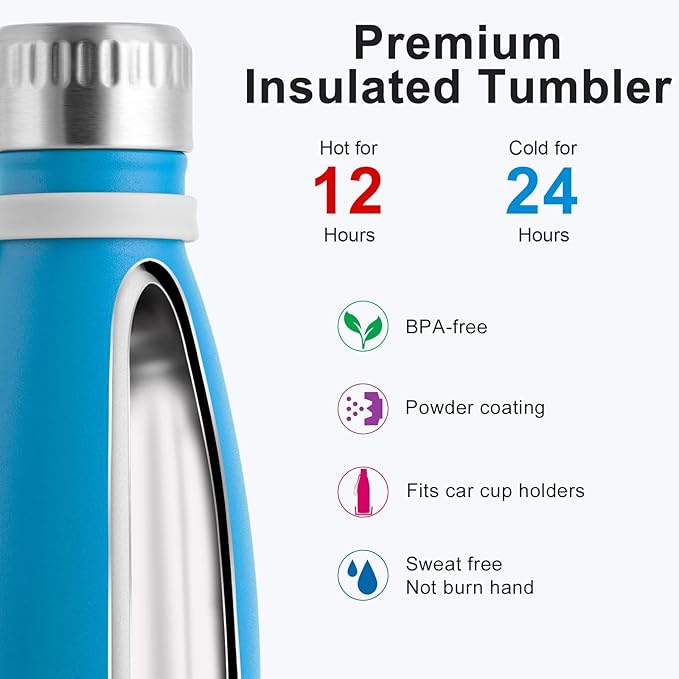 koodee Water Bottle-17 oz Stainless Steel Double Wall Vacuum Insulated Metal Water Bottle, Cola Shape Leak Proof Sports Water Bottle for Kids for School (Sky Blue)