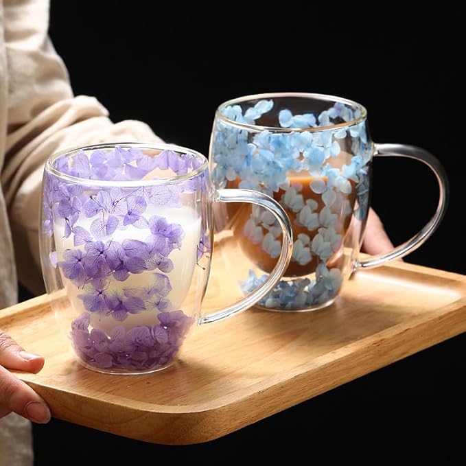 Double Wall Glass Coffee Mugs, 12 oz Clear Floral Insulated Glass Cups with Handle, Hand Blown Borosilicate Coffee Mug for Espresso, Cappuccino, Latte, Tea & Hot Beverages (Purple)
