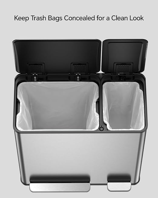 Lovewind Dual Trash and Recycling Bins for Kitchen, 13+6 Gallon Stainless Steel Garbage and Recycle Bin Combo for Large Families, Dual Trash Can with Soft Close Lid & Magnetic Stickers, Silver