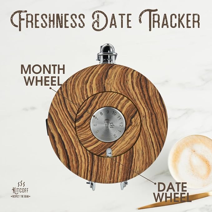 Coffee Grounds and Beans Container Canister with Date Tracker, CO2-Release Valve and Measuring Scoop - Made of Stainless Steel with Airtight Lids - Large, 22oz, Black w/Wood Print Lid