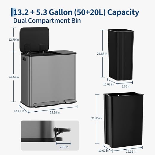 Dual Kitchen Trash Can 13.2 + 5.2 Gal (50+20L) Stainless Steel Trash Cans with Soft Close Lid Large Double Garbage and Recycling Bin with 2 Removable Inner Buckets Step-on Metal Garbage Cans Gray