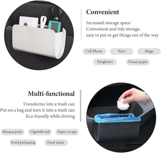 Car Trash Can, Small Leather Foldable Hanging Trash Bag Car Door Organizer, Multi-Function Mini Storage Box Garbage Can for Car Back Seats and Side Door, Car Accessories (White)