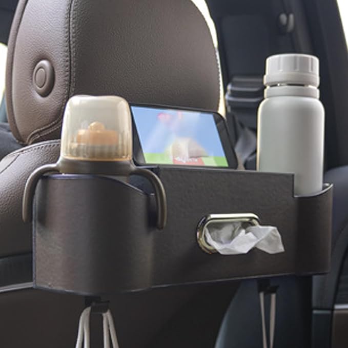 5-in-1 Car Backseat Organizer, 2026 Multifunctional Seat Back Storage Box with Cup Holder, Tissue Box, Phone Holder and 2 Hooks, Premium Leather Car Organizer for Tidy Car (Mocha Brown-1Pc)