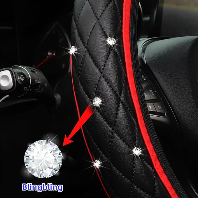 Bling Car Steering Wheel Cover, Rhinestones Elastic Leather Automotive Steering Wheel Protector, 15 Inch Sparkly Crystal Vehicle Interior Decor Accessories, Universal Fit (Red)