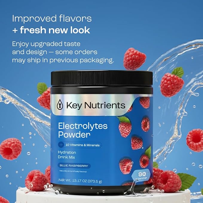 KEY NUTRIENTS Multivitamin Electrolytes Powder No Sugar - Sweet Blue Raspberry Electrolyte Powder - Endurance & Energy Supplement - Hydration Powder - No Calories - 90 Servings - Made in USA