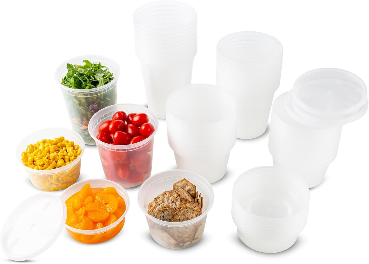 DuraHome Food Storage Containers with Lids 8oz, 16oz, 32oz Freezer Deli Cups Combo Pack, 70 Sets BPA-Free Leakproof Round Clear Takeout Container Meal Prep Microwavable (70 Sets - Mixed sizes)