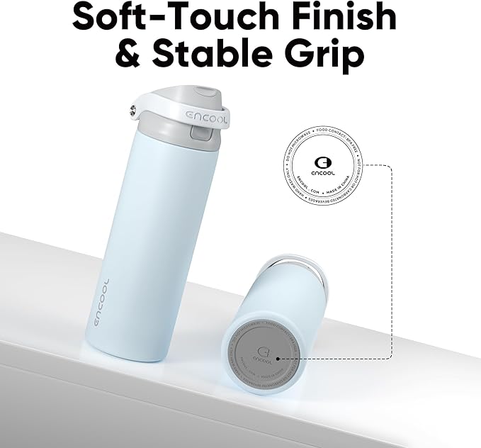 ENCOOL Leakproof Insulated Water Bottle with Straw Dual-Sip Water Bottle Bag-Safe Design for Work, Commute & Gym – Keeps Drinks Cold All Day, 24 oz, Misty Grey