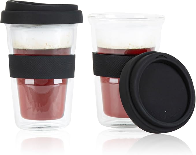 Restaurantware Glass Travel Mug 1 Count 14 Ounce Double Wall Borosilicate Reusable Coffee Cup, Spill-Resistant Black Silicone Lid, Clear Drinkware Mug for Hot and Cold Beverages