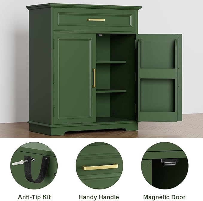 Kitchen Storage, Modern Floor-Standing Sideboard, Freestanding Cabinet Suitable for Living Room or Hallway, Green