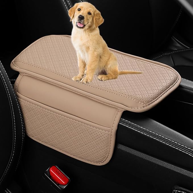 Upgraded Car Center Console Cover,Microfiber Leather Car Armrest Cover Cushion with 2 Storage Bags,Universal Car Armrest Storage Box Car Interior Accessories for Most Vehicles (Beige)