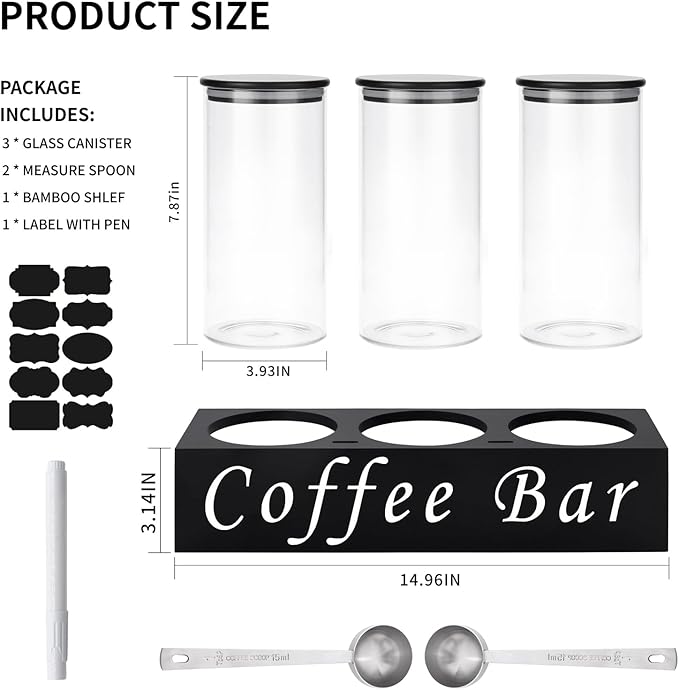 ZOMUIA Glass Coffee Containers Airtight Coffee Bean Storage Jars with Shelf, 3Pcs 44oz Coffee Station Organizer Coffee Canisters, Kitchen Food Storage Jars for Sugar, Candy, Oats, Nuts (BLACK)