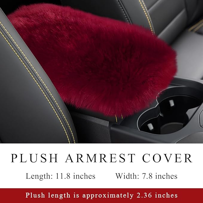 Car Center Console Cover Pad, Fluffy Middle Console Pad Armrest Seat Box Cover, Universal Furry Arm Rest Decoration Protector for Car Truck SUV, Interior Car Accessories (Wine Red)