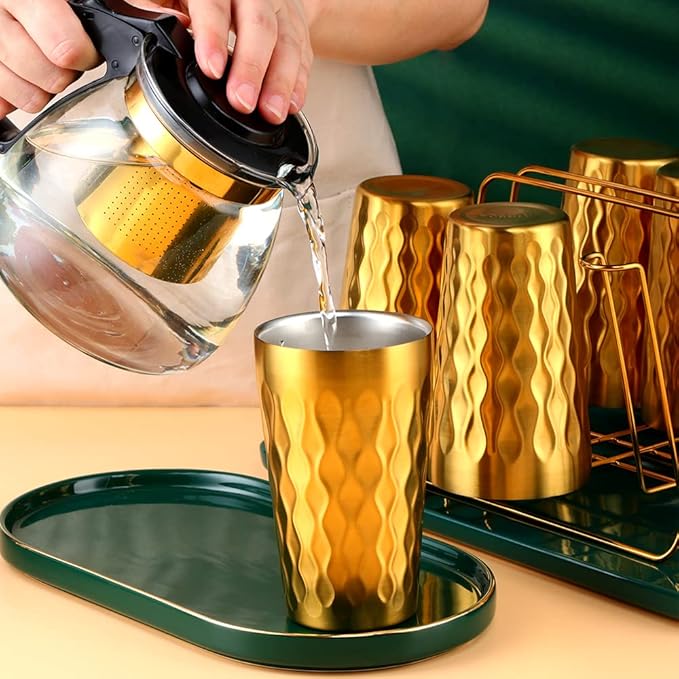 10oz Stainless Steel Cup Set, 6Pcs Double Wall Metal Cup，Vacuum Stackable Insulated Portable Drinking Tumblers Unbreakable Glasses，for Home Outdoor Restaurant (Rose Gold)