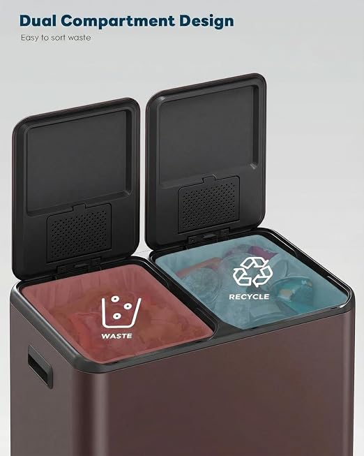 ComfyCorner 16 Gal (2 x 30 L) Dual Trash Can, Stainless Steel Kitchen Garbage Bin, Recycle Dustbin with Odor Control Box, Soft-Close Lid, Inner Buckets, Side Handle, Step Pedal, for Home Office
