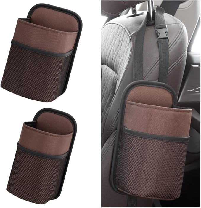 2 in 1 Large Car Cup Holder, Multifunctional Vehicle Seat Side Water Bottle Storage Hanging Bag with Mesh Pocket, Auto Interior Seat Side Organizer, Universal Fit (Medium/Brown)
