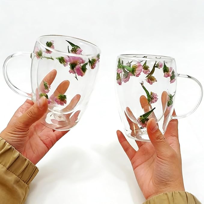 Viovian 13oz Double Wall Glass Coffee Mugs Set of 2 Insulated Glass Coffee Cups with Handles,Clear Dried Flower Tea Mug for Hot Beverages,Tea Cup Women Birthday Gifts