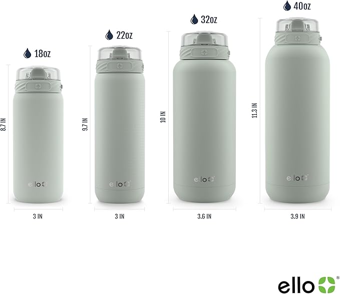 Ello Cooper 32oz Stainless Steel Water Bottle with Straw and Carry Handle, Double Walled and Vacuum Insulated Metal, Leak Proof Locking Lid with Soft Silicone Spout, Reusable, BPA Free, Sage