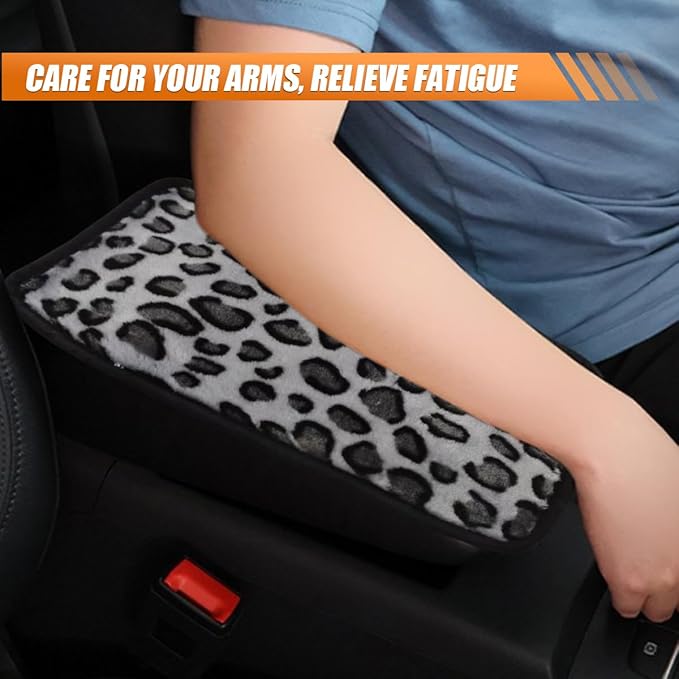 Craedli Leopard Print Car Center Console Cover, Fluffy Soft Car Arm Rest Protective Cushion with Elastic Band, Comfortable Warm Auto Interior Armrest Box Decoration Pad for SUV Truck (Gray)