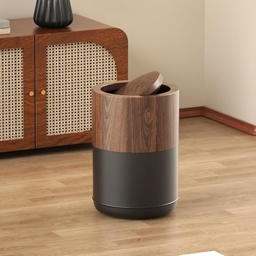 3.1 GAL Modern Metal Trash Can with Realistic Wood Texture,Built-in Bag Holder,Flip Lid,Small Bathroom Garbage Can for Bathroom,Home,Office,Living Room (3.1gal Swing lid)