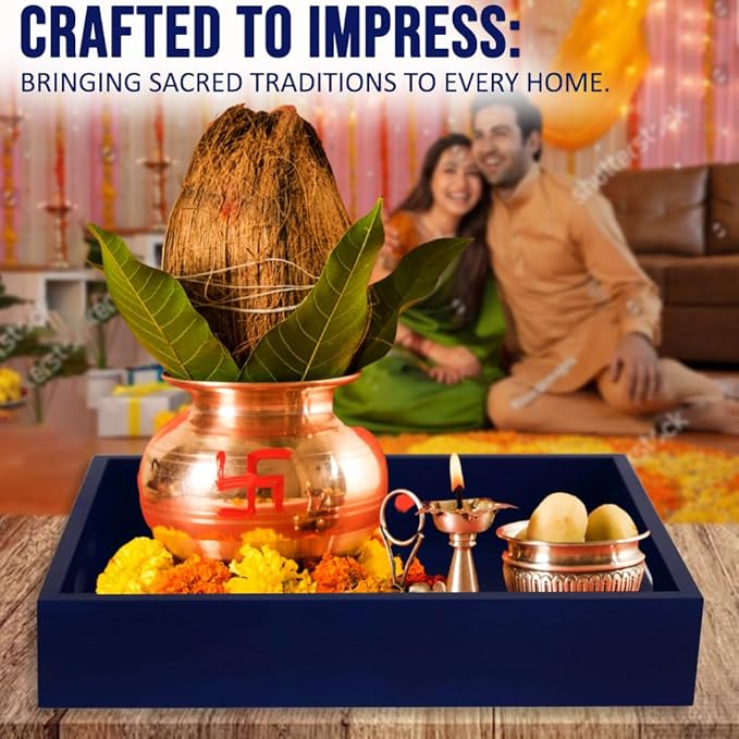 Coffee Table Tray - Decorative Trays for Home Decor - Serving Trays with Handles for Kitchen - Decor Tray - Indian Return Gift, Diwali, Pooja - 10" X 8" X 2" Size, in Blue and Brown (4, Blue)