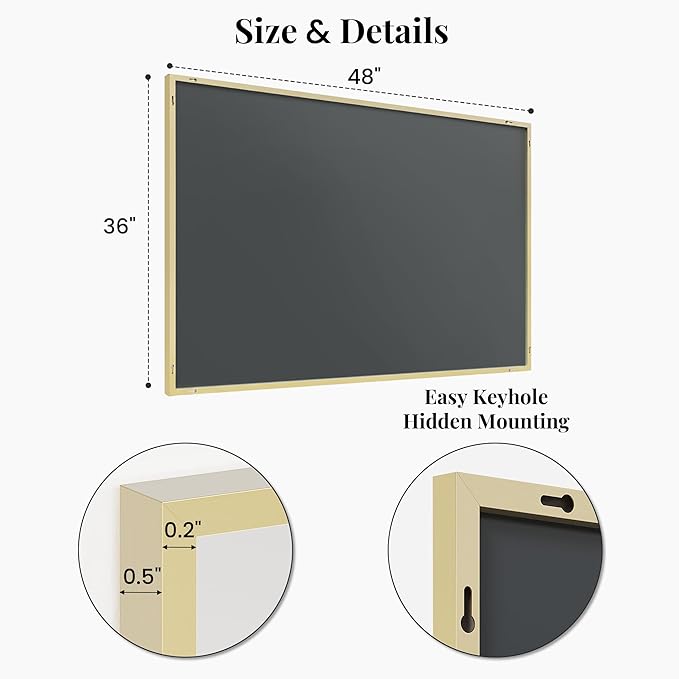 36"x48" Large Gold Bathroom Mirror, Metal Framed Vanity Mirror for Wall, Wide 48"x36" Rectangular Mirror Over Sink, Luxury Living Room Decor, Flush Mount