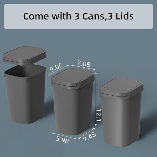 KSSKSS 3 Pack Bathroom Small Trash Can with Lid, 2.6 Gallon Slim Garbage Bin with Pop-Up Lid, 10L Plastic Wastebasket for Bedroom, Office, Kitchen, Toilet (Gray)